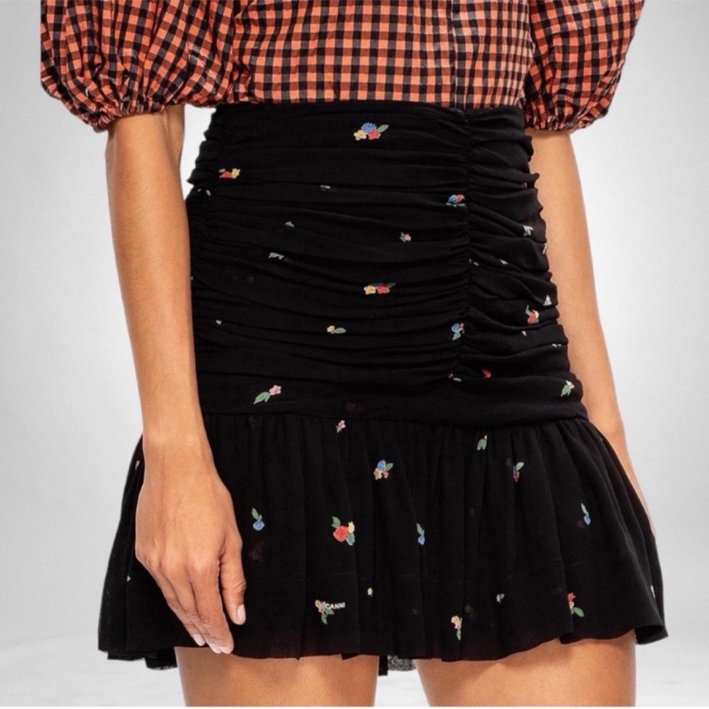 NEW GANNI Printed Georgette Mini Skirt Blk SZ 4/36
